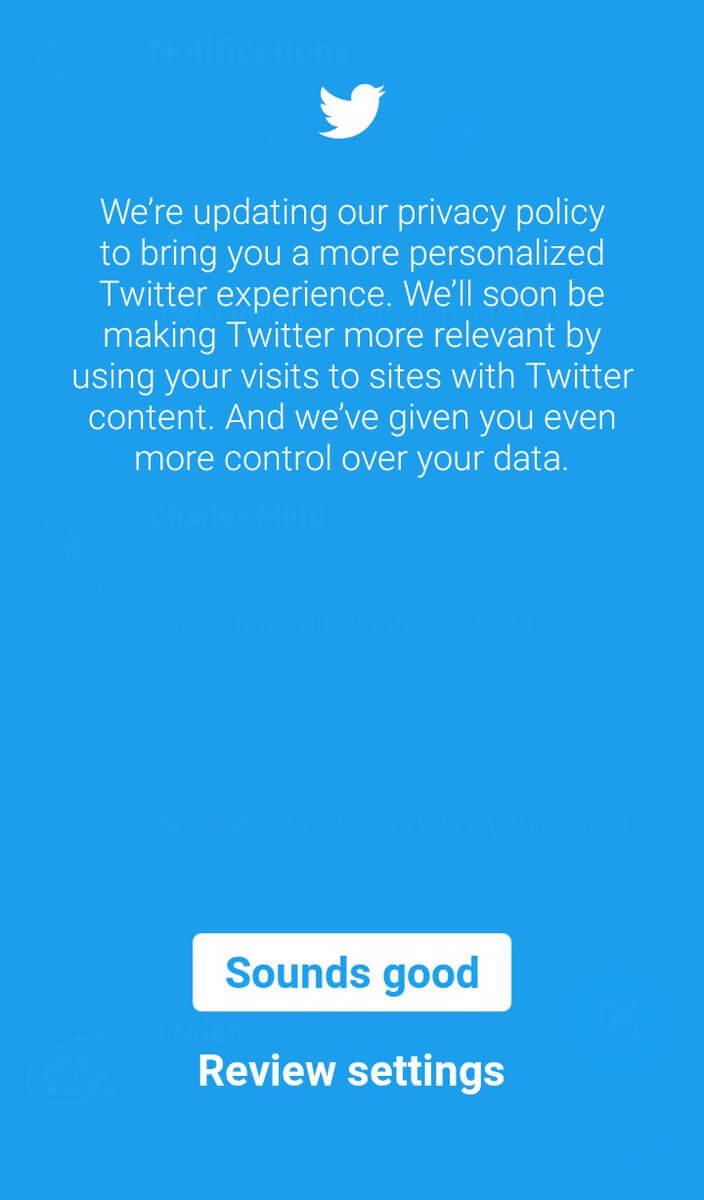 Screen grab of Twitter's privacy splash screen
