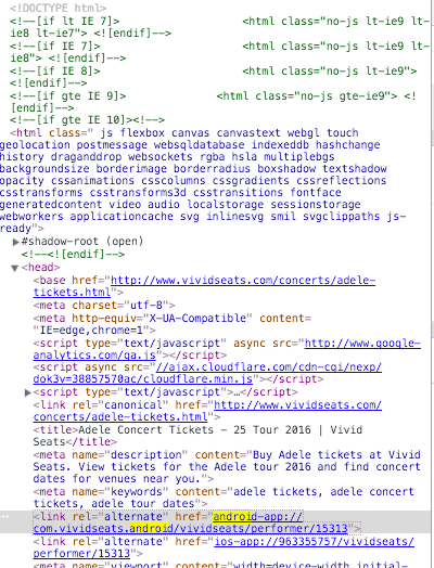 View of the code for the same page with the alternate tag highlighted.
