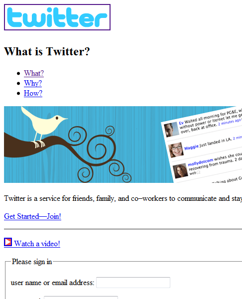 Screenshot of Twitter.com without a style sheet