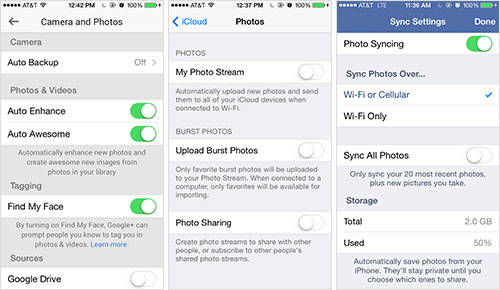 Settings in Google+, Apple Photos, and Facebook Mobile Apps, respectively