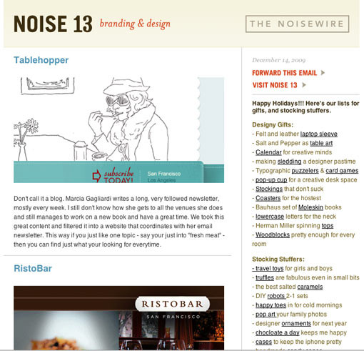 Screenshot of Noise 13 newsletter, branding and design