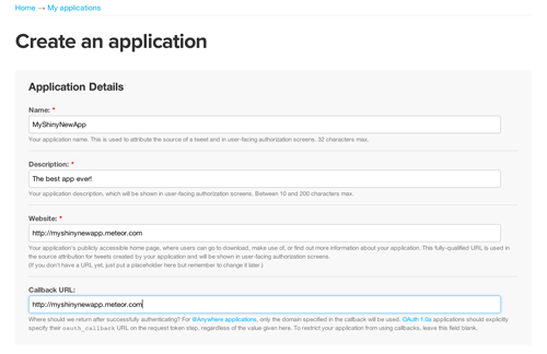 Creating a new Twitter app.