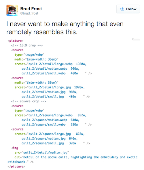 Tweet from Brad Frost stating: I never want to make anything that even remotely resembles this.