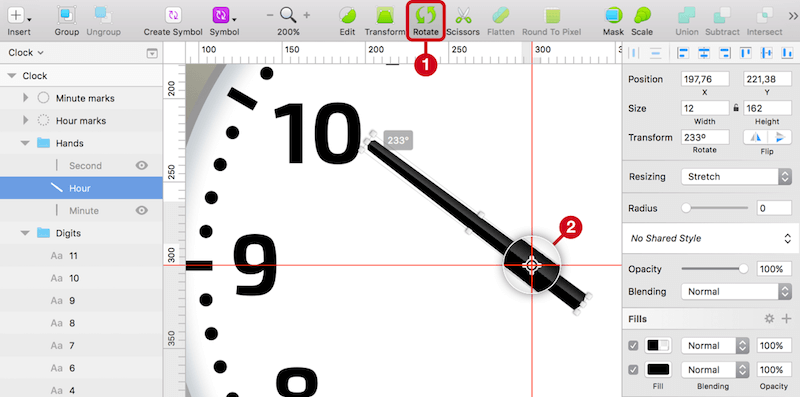 Use the Rotate icon on the toolbar (1), which lets you alter the rotation point (2). Set it to the intersection of the custom guides, so that you can turn the minute hand like on a real watch. Rotate it by 233 degrees.
