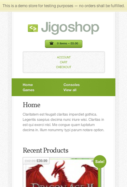 Jigoshop on mobile uses the same colours and font styling as the desktop version with a simplified menu banner, a narrower grid for product images and the sidebar below the main content.