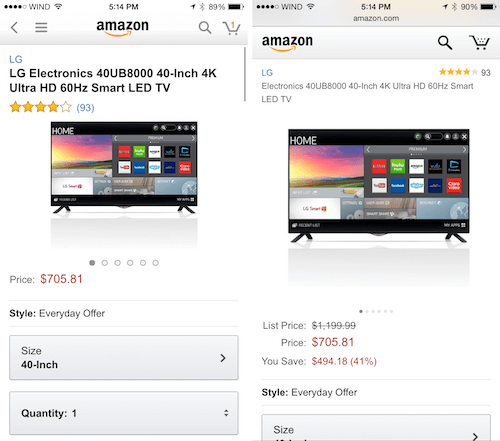 On the left, a product description page in Amazon’s app. On the right, the same product viewed in the browser, which shows the same content as the app but with slightly different styles and a native navigation bar.
