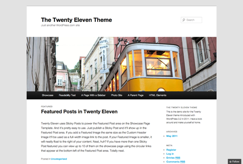 The twenty eleven desktop version includes a full width header image and standard sidebar to the right.