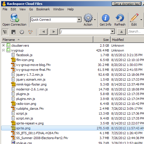A collection of files in the ivygroup CDN container, as viewed in Cyberduck