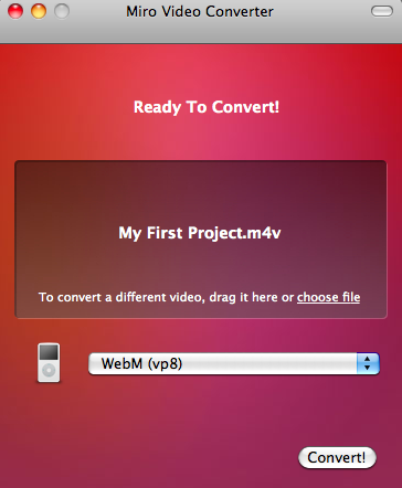 Miro Video Converter in action - simply drag a video, select output format and press convert