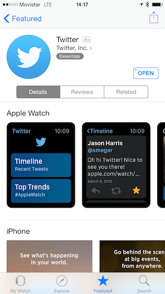 Twitter’s support for Apple Watch is shown in the profile for Twitter’s phone app in the App Store