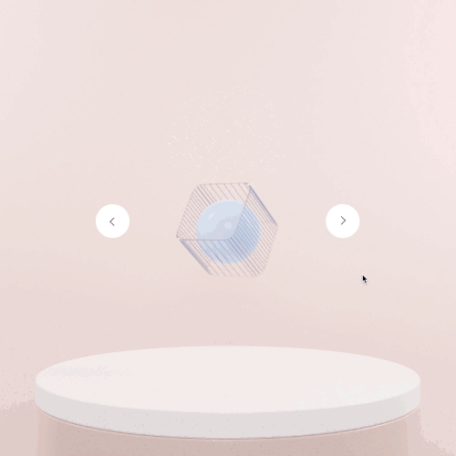 The main object is a glass square with inside a porcelain sphere, it is a 3D composition and the object is positioned in a 45 degrees view. There are two arrows, one to the right and another one to the left. The animation shows the mouse clicking on the arrows and the object rotates to the same direction.