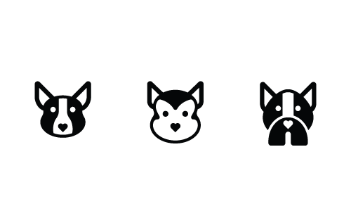 Three dog icons in glyph style showing common design elements