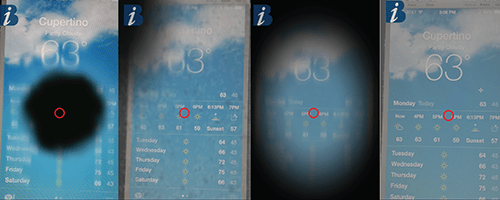 The Weather mobile app is being viewed with the supported condition simulations.