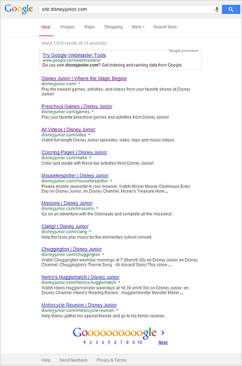 Disney junior website google index