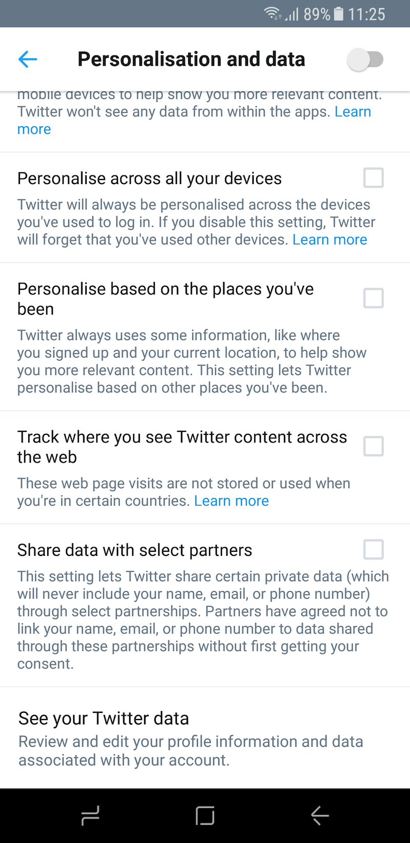 Screen grab of Twitter's privacy options