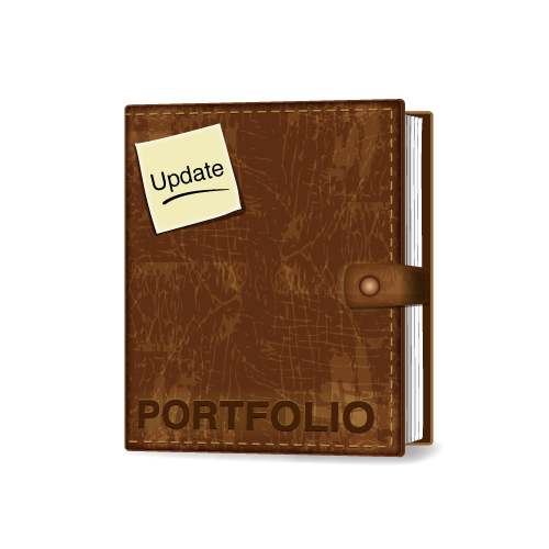 a brown leather portfolio book with a yellow note on ot that says Update