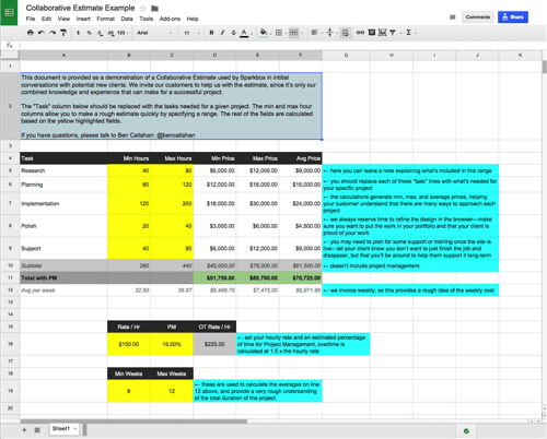 An example of a collaborative estimate, created in Google Drive and shared with a potential customer.