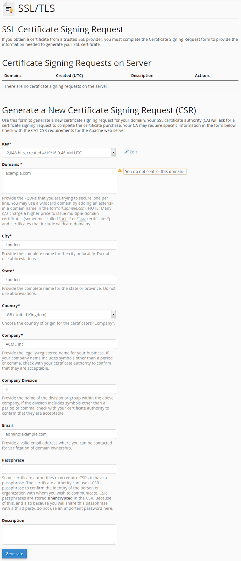 cPanel create new Certificate Signing Request form