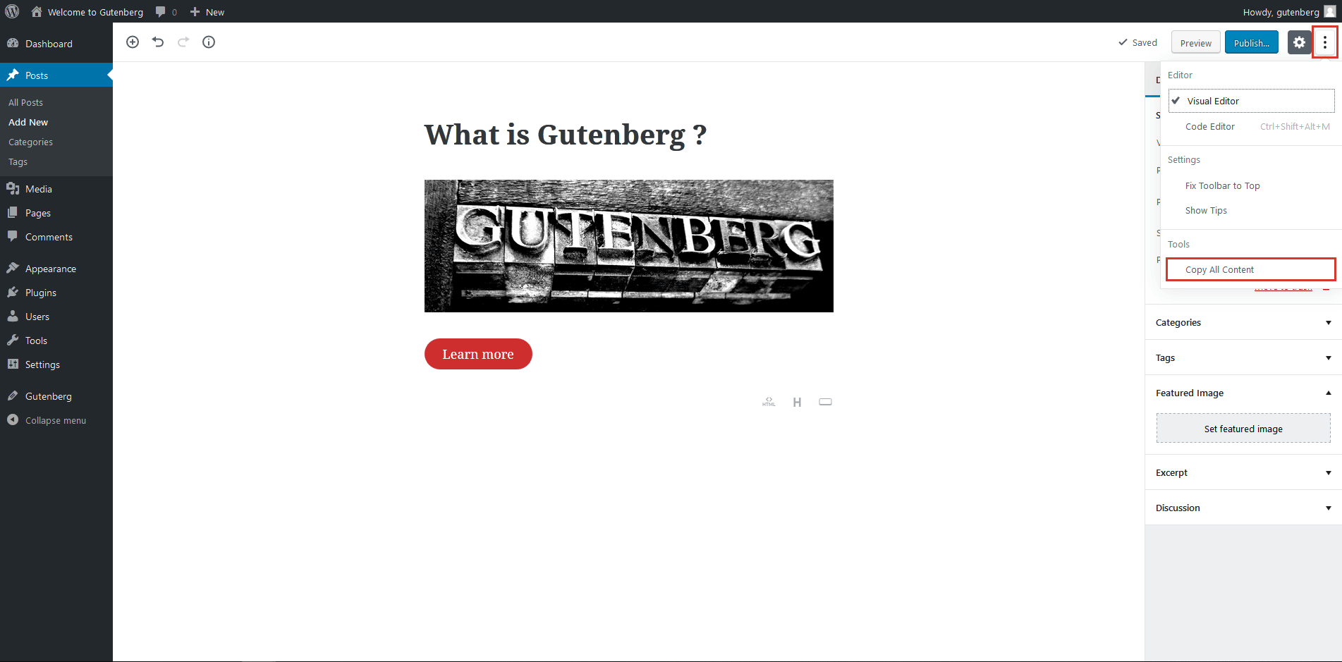 The ‘Copy All Content’ tool in Gutenberg