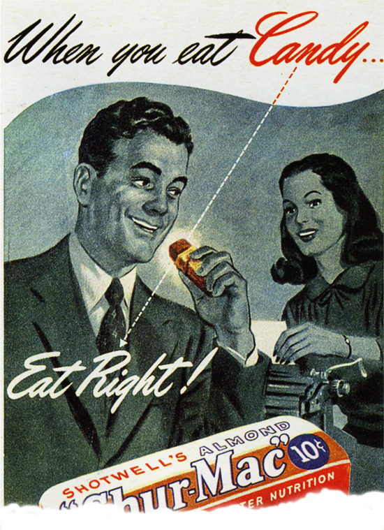 Style of American ads of the forties and fifties.