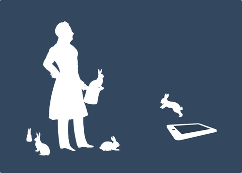 A magician with a bunny coming out of a tablet