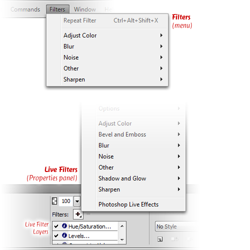 Filters menu vs. Live Filters