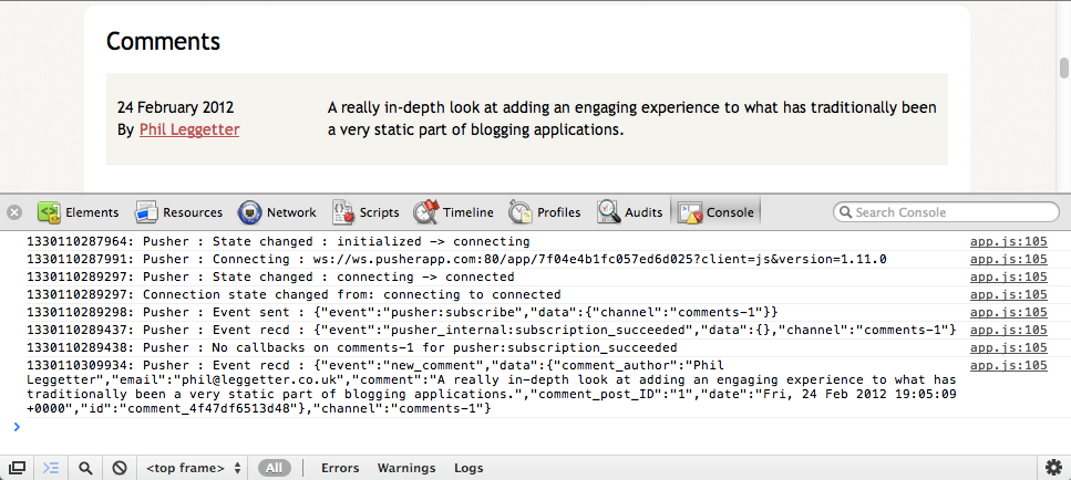 Screenshot of Pusher logging in the Chrome Developer Tools Console
