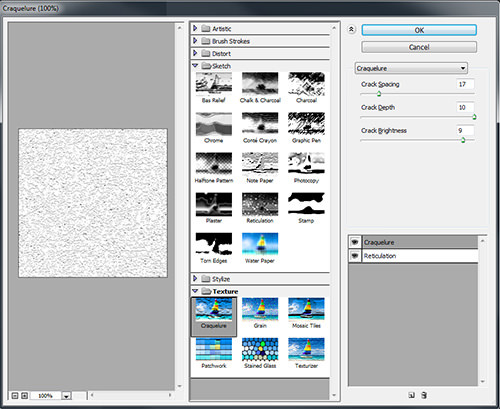 The Craquelure filter applied to the Reticulation filter in the Filter Gallery panel.