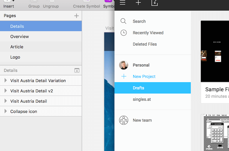 Left: Sketch lets you organize a file into pages and easily switch between them. Right: Figma just has rudimentary projects.
