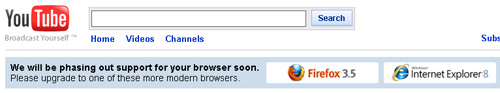 YouTube's IE6 warning message
