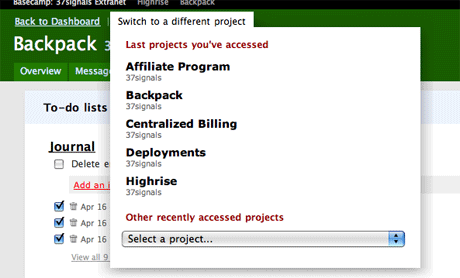 Basecamp project switcher