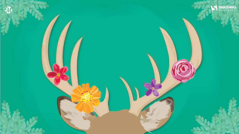 Illustration of a pair of deer antlers decorated with colorful flowers.