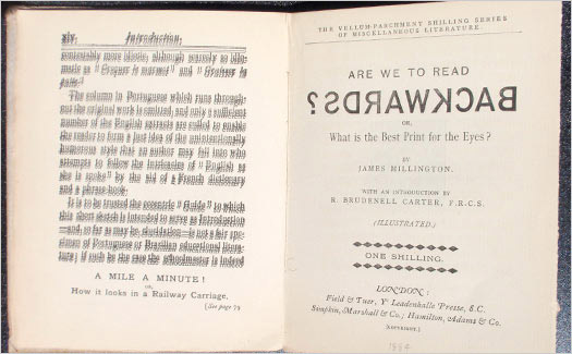 A printer's joke – the page on the left simulating the reading-on-the-train experience.