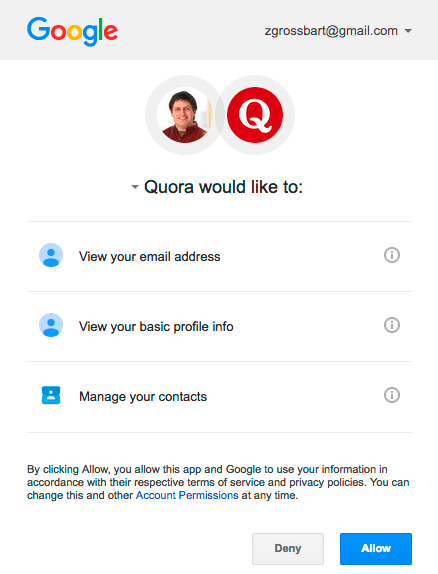 The step-2 dialog for the Google Quora OAuth2 process