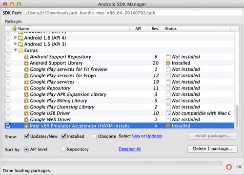 Installing Android SDK packages. HAXM improves performance for the emulator.