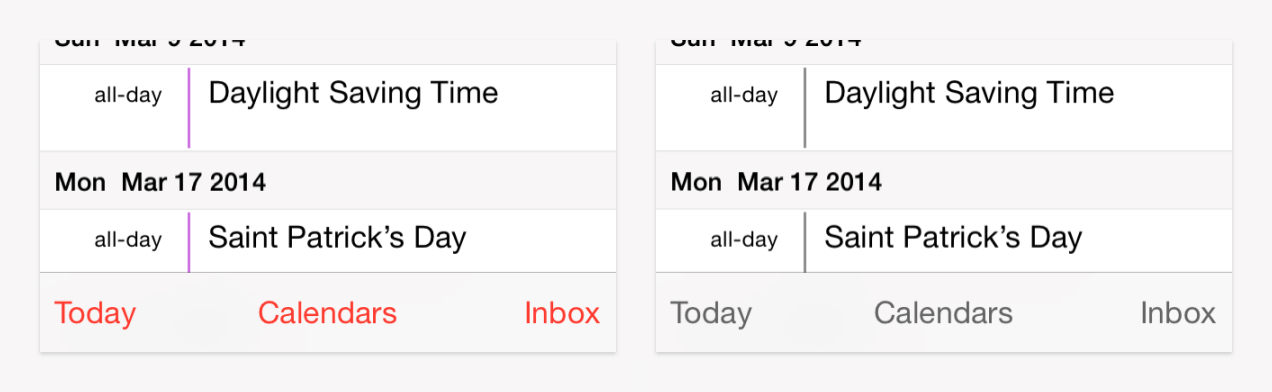Two views of a calendar app, one with color and one in greyscale.