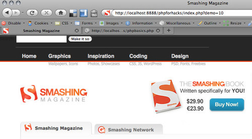Smashing Magazine homepage loaded with cURL