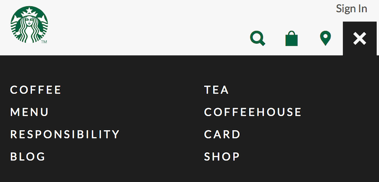 An image of the responsive navigation solution used for Starbucks.