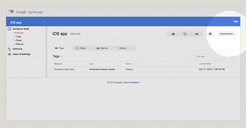 Tag Manager Create Version