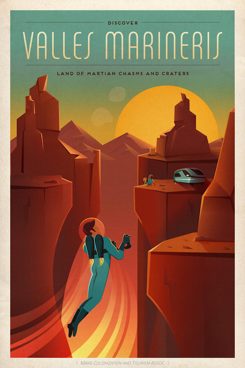Mars Journeys illustration with an astronaut flying on a jetpack in Mars
