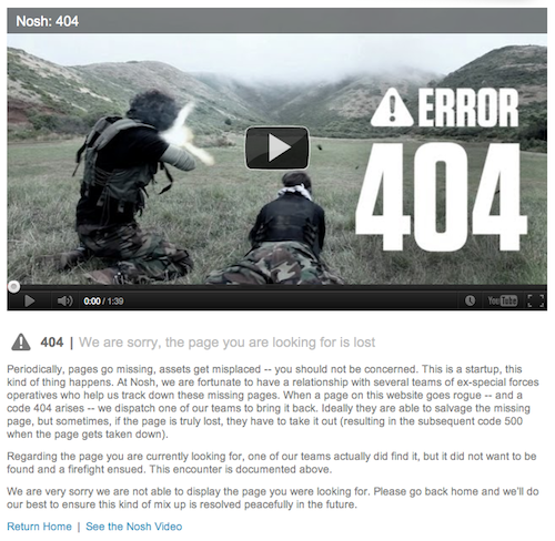 Nosh’s 404 page features a video in which a team of ex-special forces hunts down the missing page.