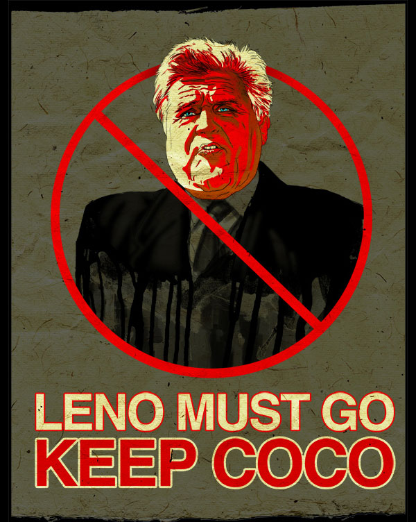 Jay Leno image in a red crosed circle, half of the face and some hair painted in same red color with a below sign saying LENO MUST GO, KEEP COCO