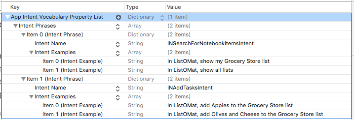 A screenshot of the AppIntentVocabulary.plist showing sample phrases