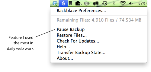 Backblaze's drop-down menu controls