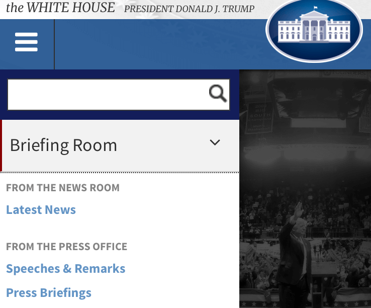 An image of the responsive navigation solution used for WhiteHouse.gov.