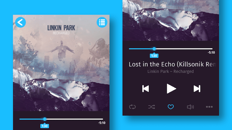 The music player we are going to design. In this first part we will create everything except the icons at the bottom. Cover art by Linkin Park and Warner Bros. Records.