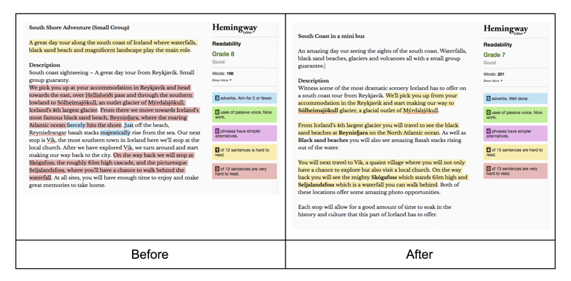 Before and after editing content using the Hemingway app to measure legibility