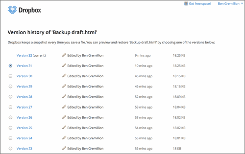 Dropbox's versions page