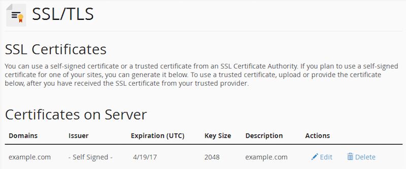 cPanel Certificates with the new SSL certificate listed