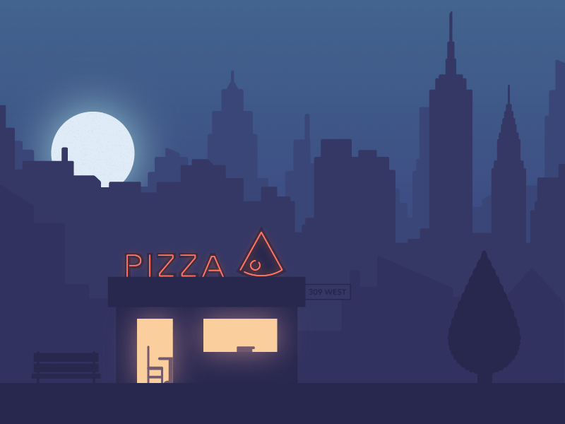 Animation showing a person picking up a package inside a pizza restaurant at night